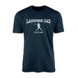 Lacrosse Dad with Lacrosse Player Icon and Lacrosse Player Name on a Men's T-Shirt with a White Graphic