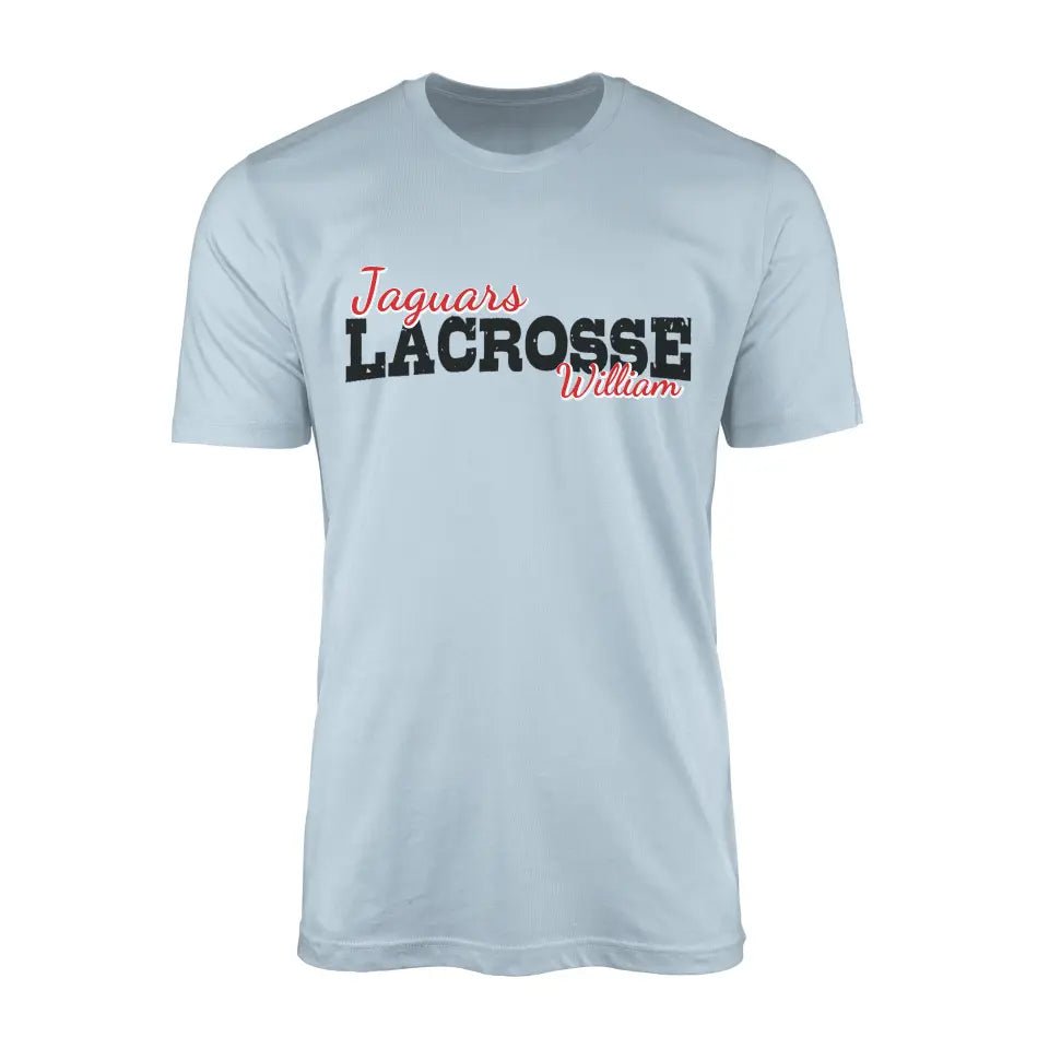 Custom Lacrosse Mascot and Lacrosse Player Name on a Men's T-Shirt with a Black Graphic