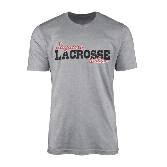 Custom Lacrosse Mascot and Lacrosse Player Name on a Men's T-Shirt with a Black Graphic