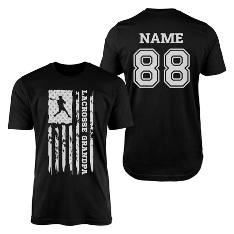 Lacrosse Grandpa Vertical Flag With Lacrosse Player Name on a Men's T-Shirt with a White Graphic