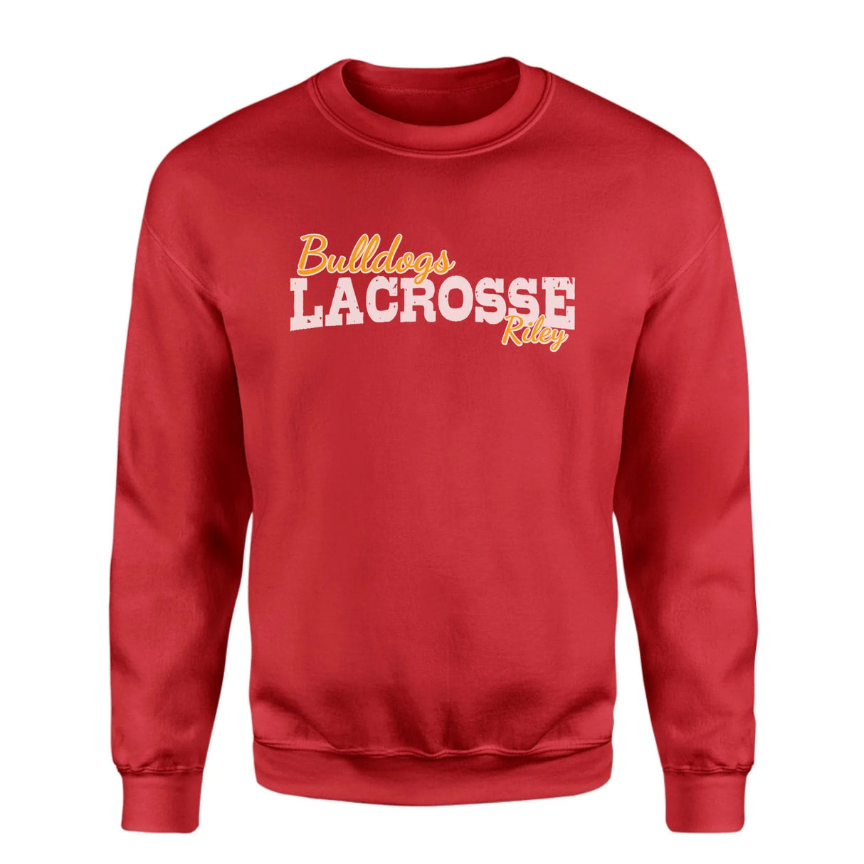 Custom Lacrosse Mascot and Lacrosse Player Name on a Sweatshirt with a White Graphic