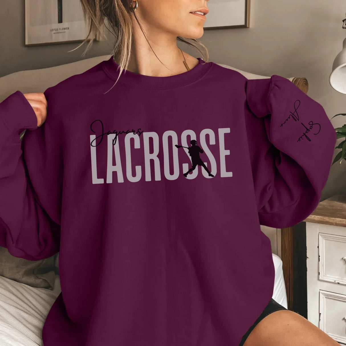 Personalized Lacrosse on a Sweatshirt With Modern Bold Design and Lacrosse Player Name on Sleeve on a Sweatshirt