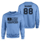 Lacrosse Mom Horizontal Flag With Lacrosse Player Name on a Sweatshirt with a Black Graphic