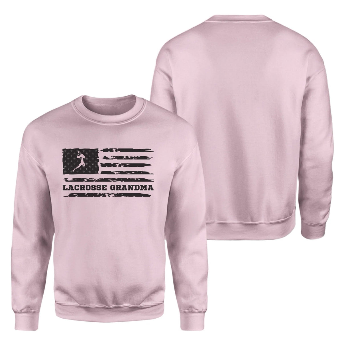 Lacrosse Grandma Horizontal Flag With Lacrosse Player Name on a Sweatshirt with a Black Graphic