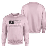 Lacrosse Grandma Horizontal Flag With Lacrosse Player Name on a Sweatshirt with a Black Graphic