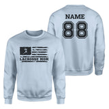 Lacrosse Mom Horizontal Flag With Lacrosse Player Name on a Sweatshirt with a Black Graphic