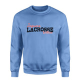 Custom Lacrosse Mascot and Lacrosse Player Name on a Sweatshirt with a Black Graphic