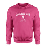 Lacrosse Mom with Lacrosse Player Icon and Lacrosse Player Name on a Sweatshirt with a White Graphic