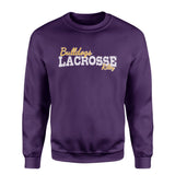 Custom Lacrosse Mascot and Lacrosse Player Name on a Sweatshirt with a White Graphic