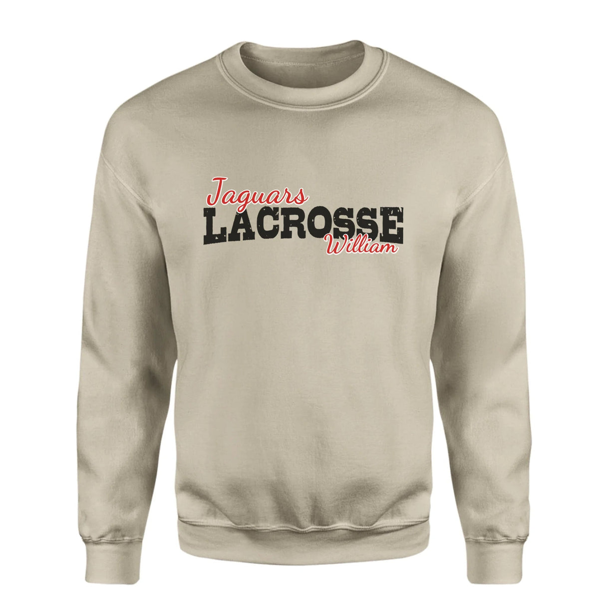 Custom Lacrosse Mascot and Lacrosse Player Name on a Sweatshirt with a Black Graphic