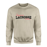 Custom Lacrosse Mascot and Lacrosse Player Name on a Sweatshirt with a Black Graphic