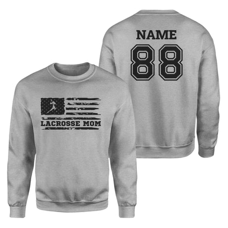 Lacrosse Mom Horizontal Flag With Lacrosse Player Name on a Sweatshirt with a Black Graphic