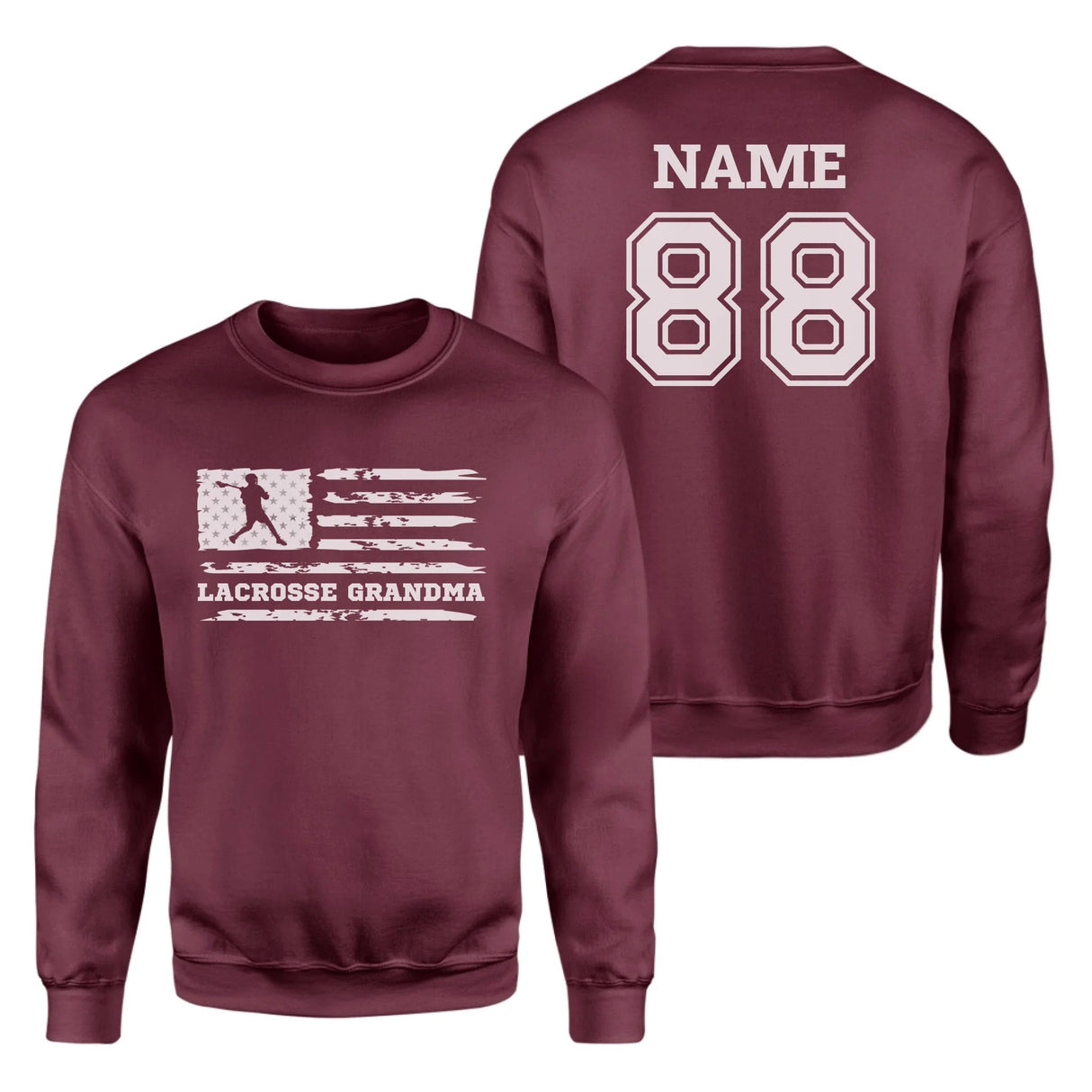 Lacrosse Grandma Horizontal Flag With Lacrosse Player Name on a Sweatshirt with a White Graphic