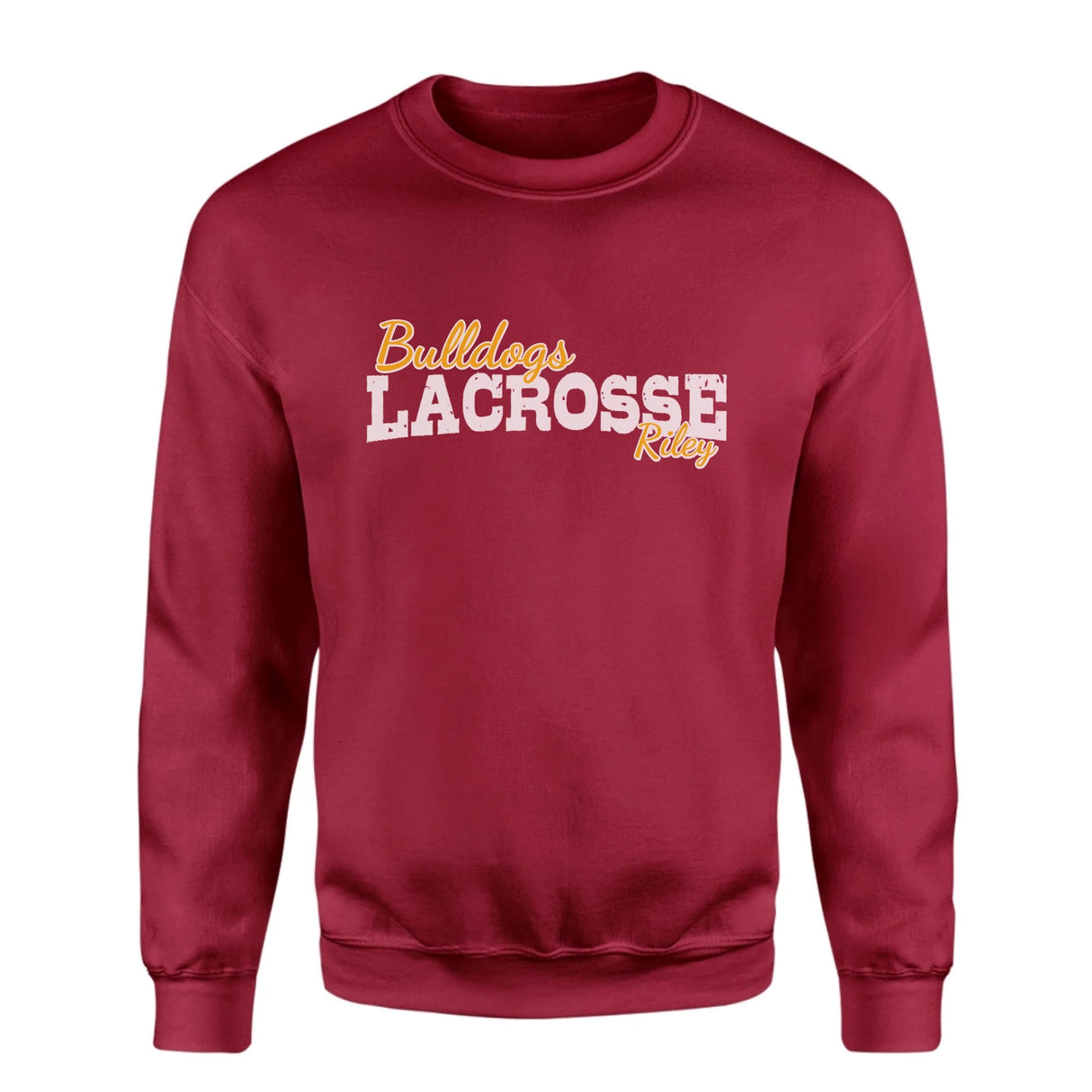 Custom Lacrosse Mascot and Lacrosse Player Name on a Sweatshirt with a White Graphic