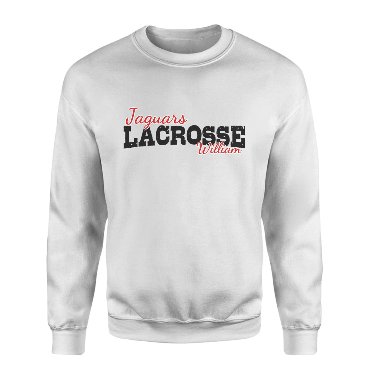 Custom Lacrosse Mascot and Lacrosse Player Name on a Sweatshirt with a Black Graphic