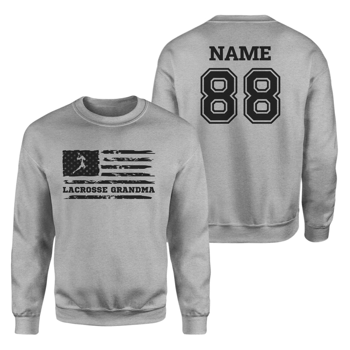Lacrosse Grandma Horizontal Flag With Lacrosse Player Name on a Sweatshirt with a Black Graphic