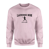 Lacrosse Mom with Lacrosse Player Icon and Lacrosse Player Name on a Sweatshirt with a Black Graphic