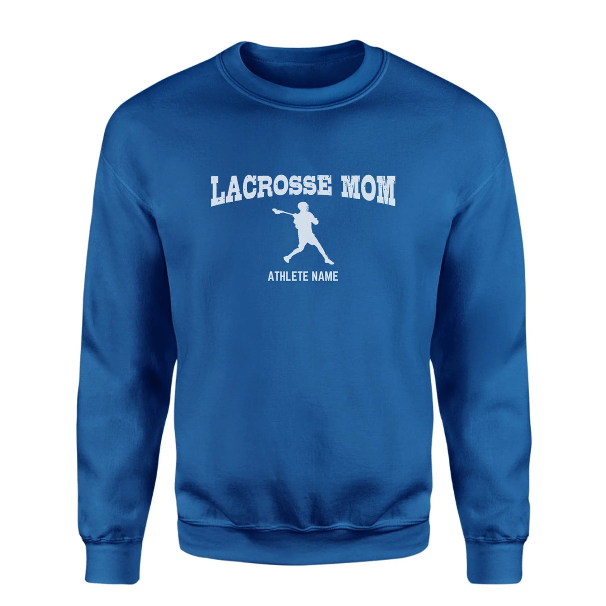 Lacrosse Mom with Lacrosse Player Icon and Lacrosse Player Name on a Sweatshirt with a White Graphic