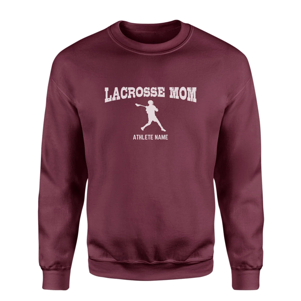 Lacrosse Mom with Lacrosse Player Icon and Lacrosse Player Name on a Sweatshirt with a White Graphic