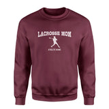 Lacrosse Mom with Lacrosse Player Icon and Lacrosse Player Name on a Sweatshirt with a White Graphic