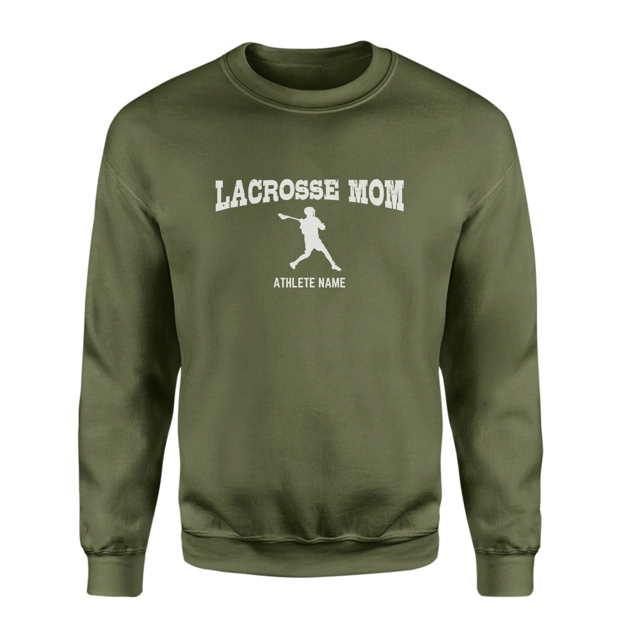 Lacrosse Mom with Lacrosse Player Icon and Lacrosse Player Name on a Sweatshirt with a White Graphic