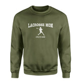 Lacrosse Mom with Lacrosse Player Icon and Lacrosse Player Name on a Sweatshirt with a White Graphic