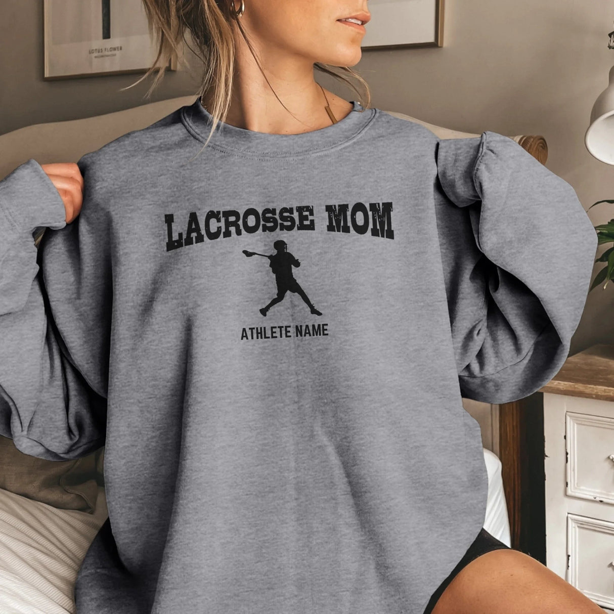 Lacrosse Mom with Lacrosse Player Icon and Lacrosse Player Name on a Sweatshirt with a Black Graphic