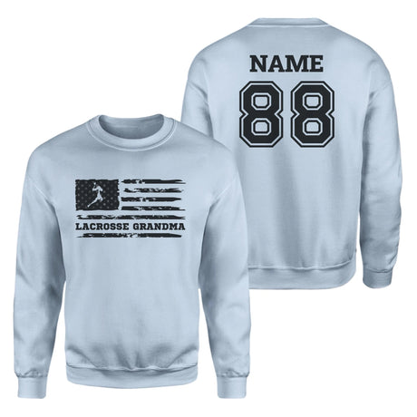 Lacrosse Grandma Horizontal Flag With Lacrosse Player Name on a Sweatshirt with a Black Graphic