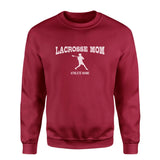 Lacrosse Mom with Lacrosse Player Icon and Lacrosse Player Name on a Sweatshirt with a White Graphic