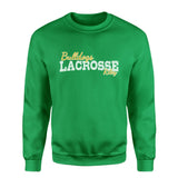 Custom Lacrosse Mascot and Lacrosse Player Name on a Sweatshirt with a White Graphic