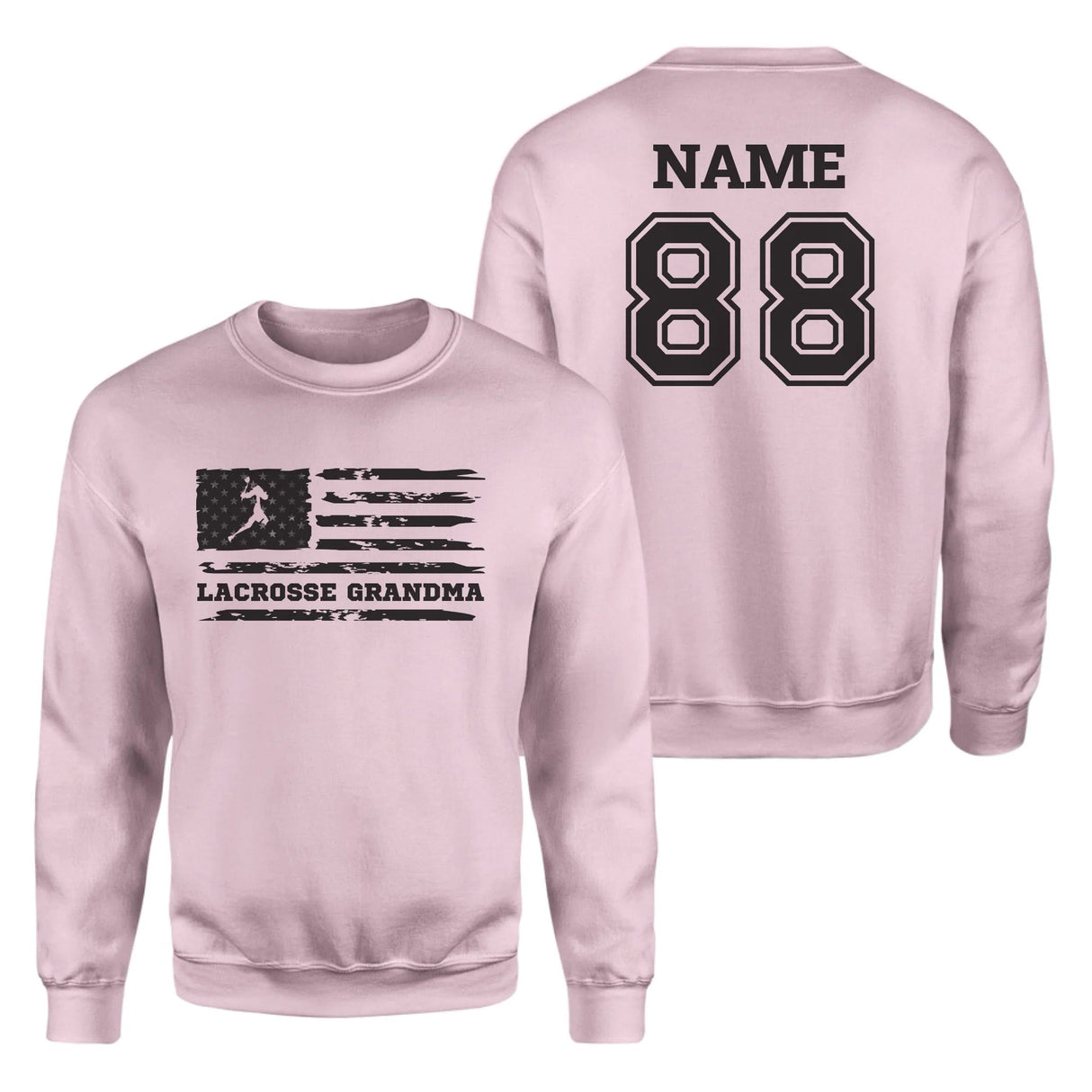 Lacrosse Grandma Horizontal Flag With Lacrosse Player Name on a Sweatshirt with a Black Graphic