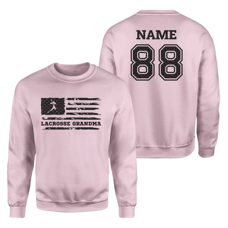 Lacrosse Grandma Horizontal Flag With Lacrosse Player Name on a Sweatshirt with a Black Graphic
