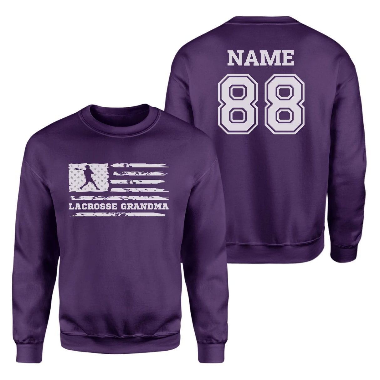 Lacrosse Grandma Horizontal Flag With Lacrosse Player Name on a Sweatshirt with a White Graphic