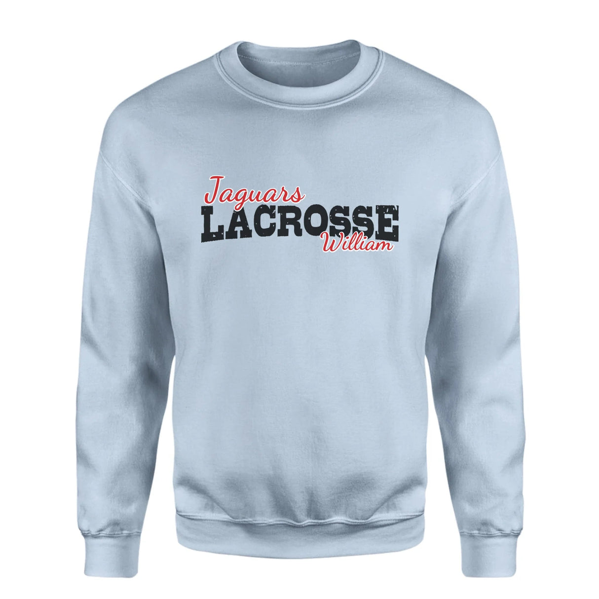 Custom Lacrosse Mascot and Lacrosse Player Name on a Sweatshirt with a Black Graphic