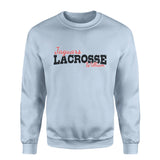 Custom Lacrosse Mascot and Lacrosse Player Name on a Sweatshirt with a Black Graphic