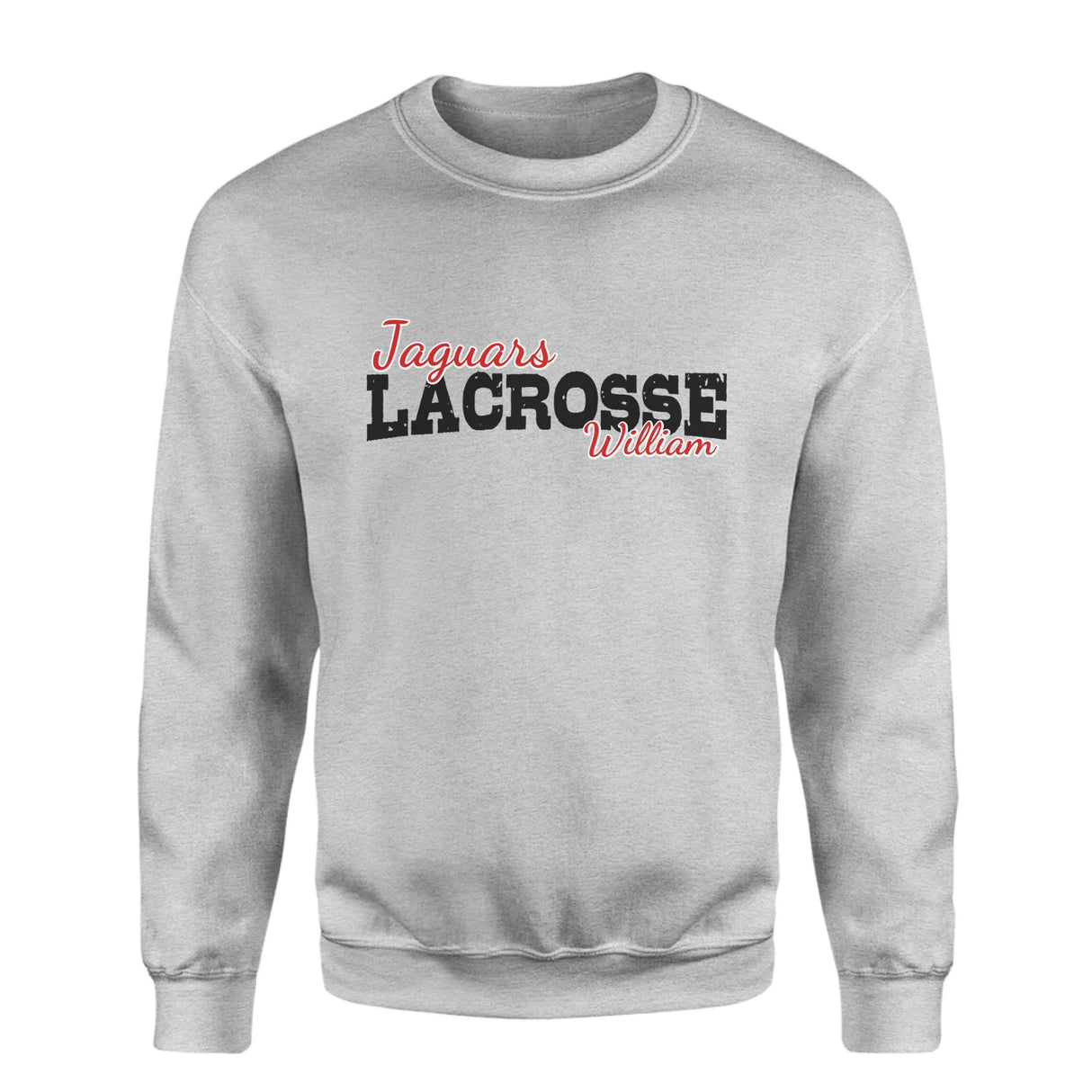 Custom Lacrosse Mascot and Lacrosse Player Name on a Sweatshirt with a Black Graphic
