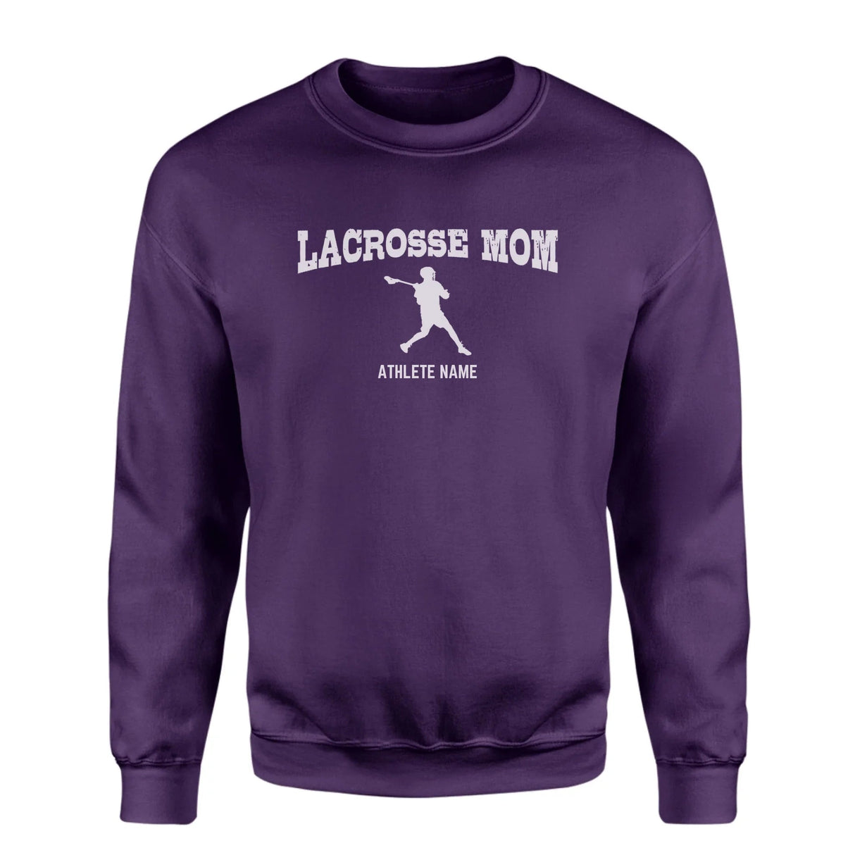 Lacrosse Mom with Lacrosse Player Icon and Lacrosse Player Name on a Sweatshirt with a White Graphic
