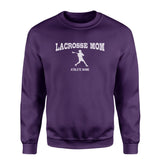 Lacrosse Mom with Lacrosse Player Icon and Lacrosse Player Name on a Sweatshirt with a White Graphic