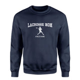 Lacrosse Mom with Lacrosse Player Icon and Lacrosse Player Name on a Sweatshirt with a White Graphic