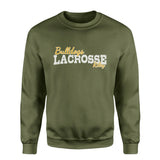 Custom Lacrosse Mascot and Lacrosse Player Name on a Sweatshirt with a White Graphic