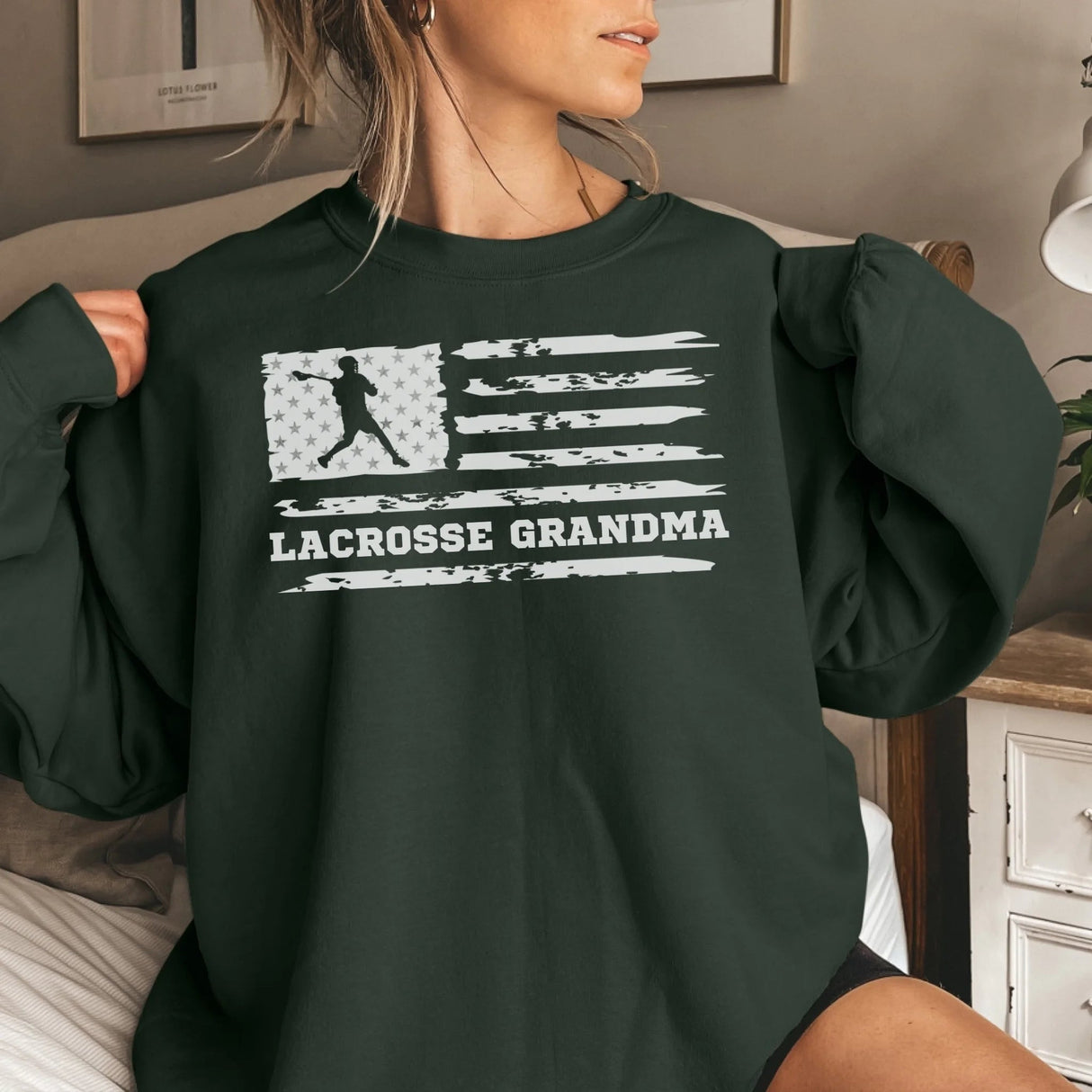 Lacrosse Grandma Horizontal Flag on a Sweatshirt with a White Graphic
