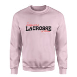 Custom Lacrosse Mascot and Lacrosse Player Name on a Sweatshirt with a Black Graphic