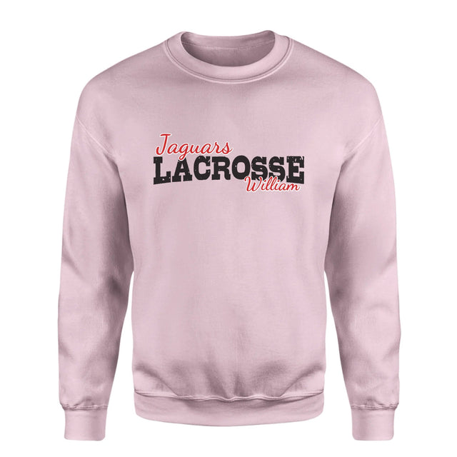 Custom Lacrosse Mascot and Lacrosse Player Name on a Sweatshirt with a Black Graphic