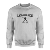 Lacrosse Mom with Lacrosse Player Icon and Lacrosse Player Name on a Sweatshirt with a Black Graphic