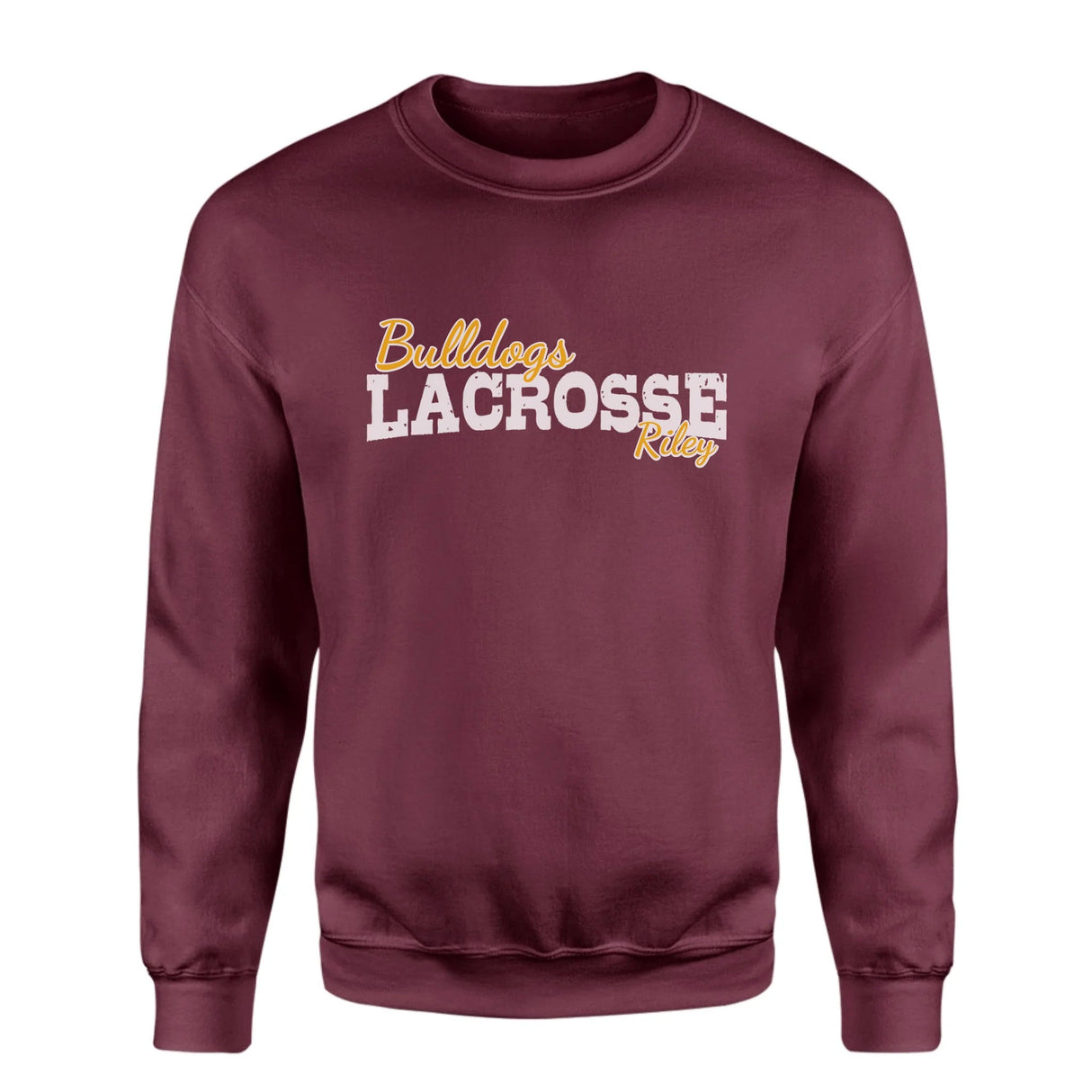 Custom Lacrosse Mascot and Lacrosse Player Name on a Sweatshirt with a White Graphic