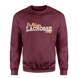 Custom Lacrosse Mascot and Lacrosse Player Name on a Sweatshirt with a White Graphic