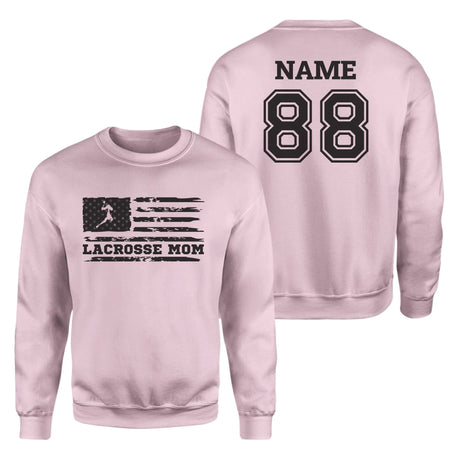 Lacrosse Mom Horizontal Flag With Lacrosse Player Name on a Sweatshirt with a Black Graphic