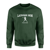 Lacrosse Mom with Lacrosse Player Icon and Lacrosse Player Name on a Sweatshirt with a White Graphic