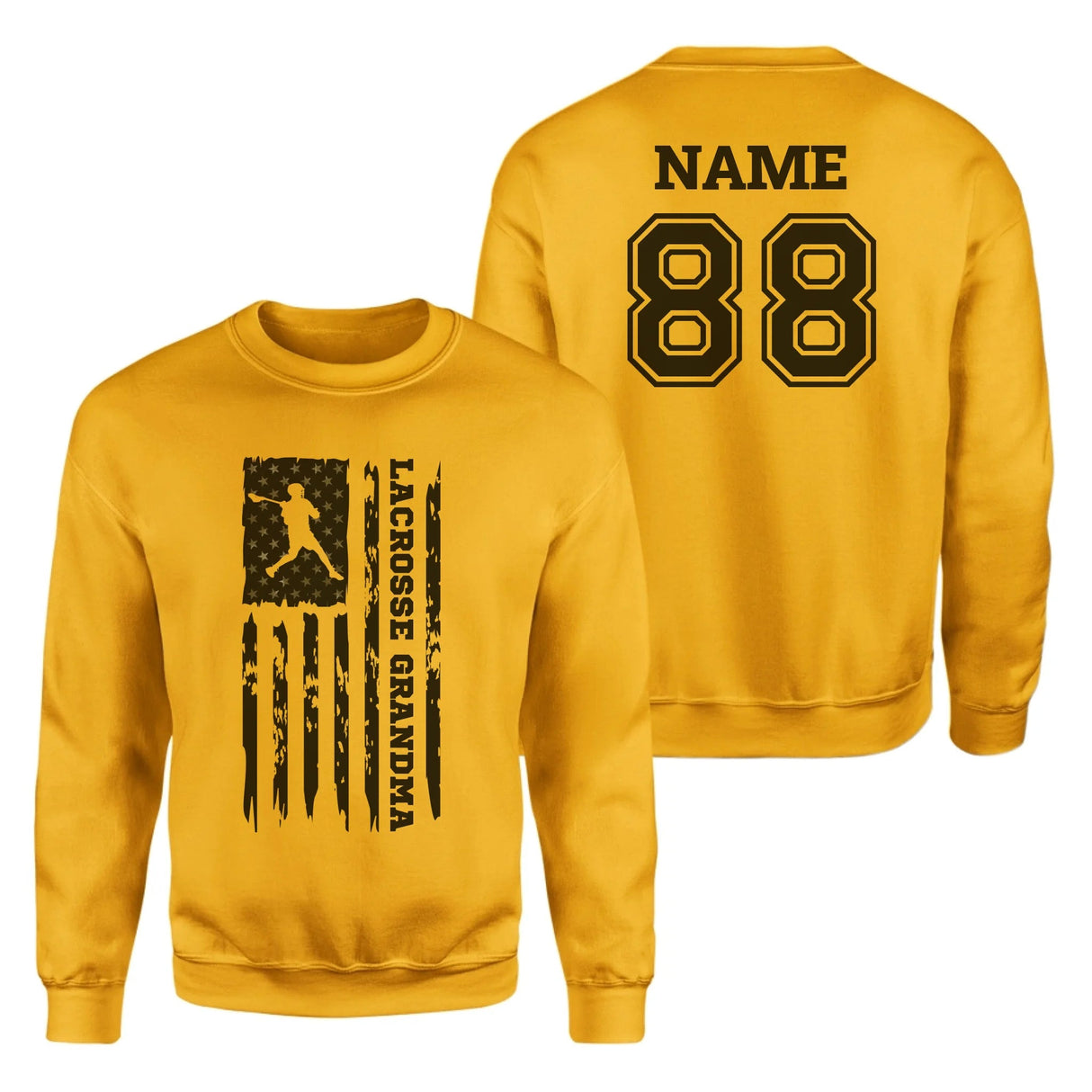 Lacrosse Grandma Vertical Flag With Lacrosse Player Name on a Sweatshirt with a Black Graphic