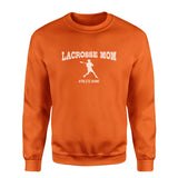 Lacrosse Mom with Lacrosse Player Icon and Lacrosse Player Name on a Sweatshirt with a White Graphic